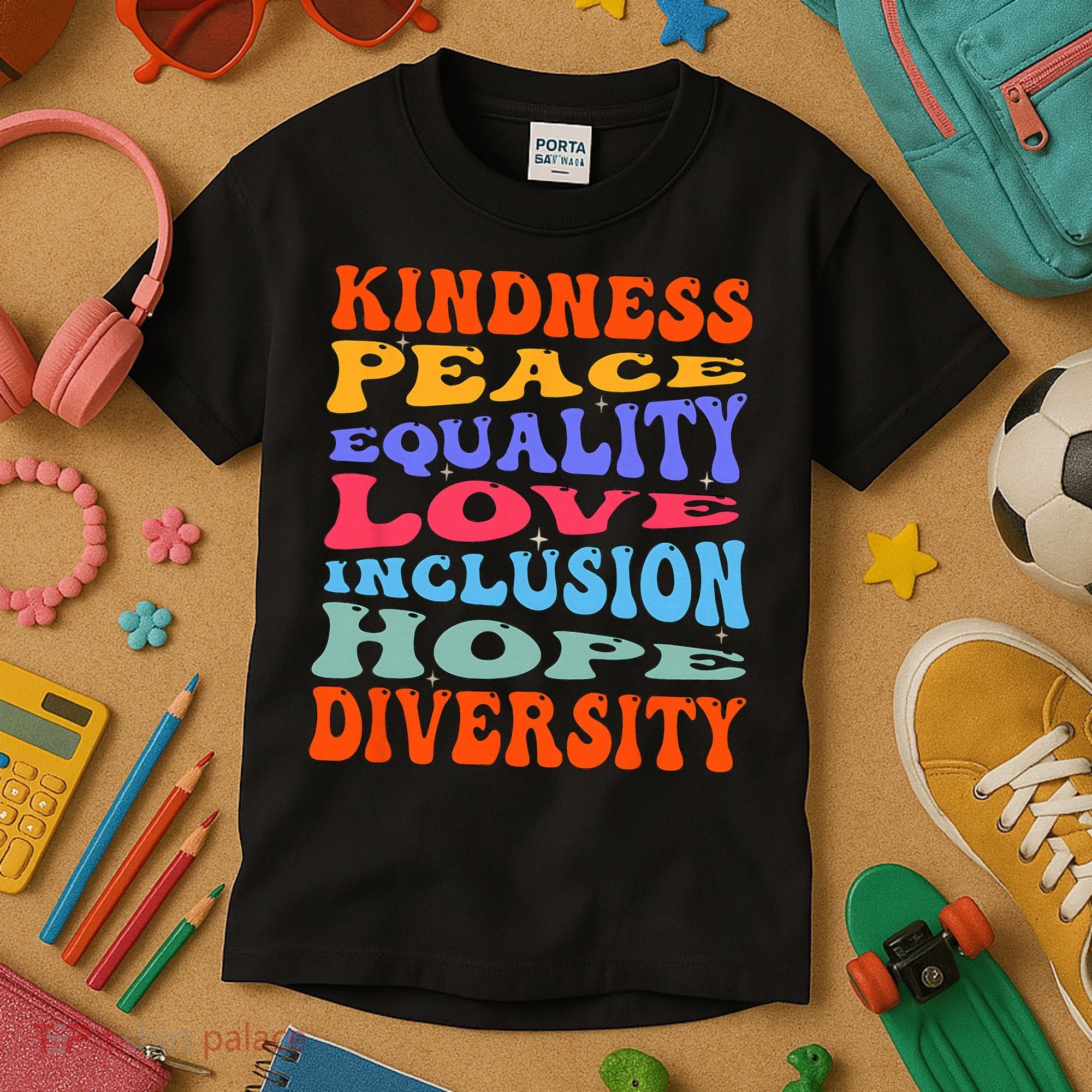 Kindness Peace Equality Love Inclusion Hope Diversity Kids T-Shirt