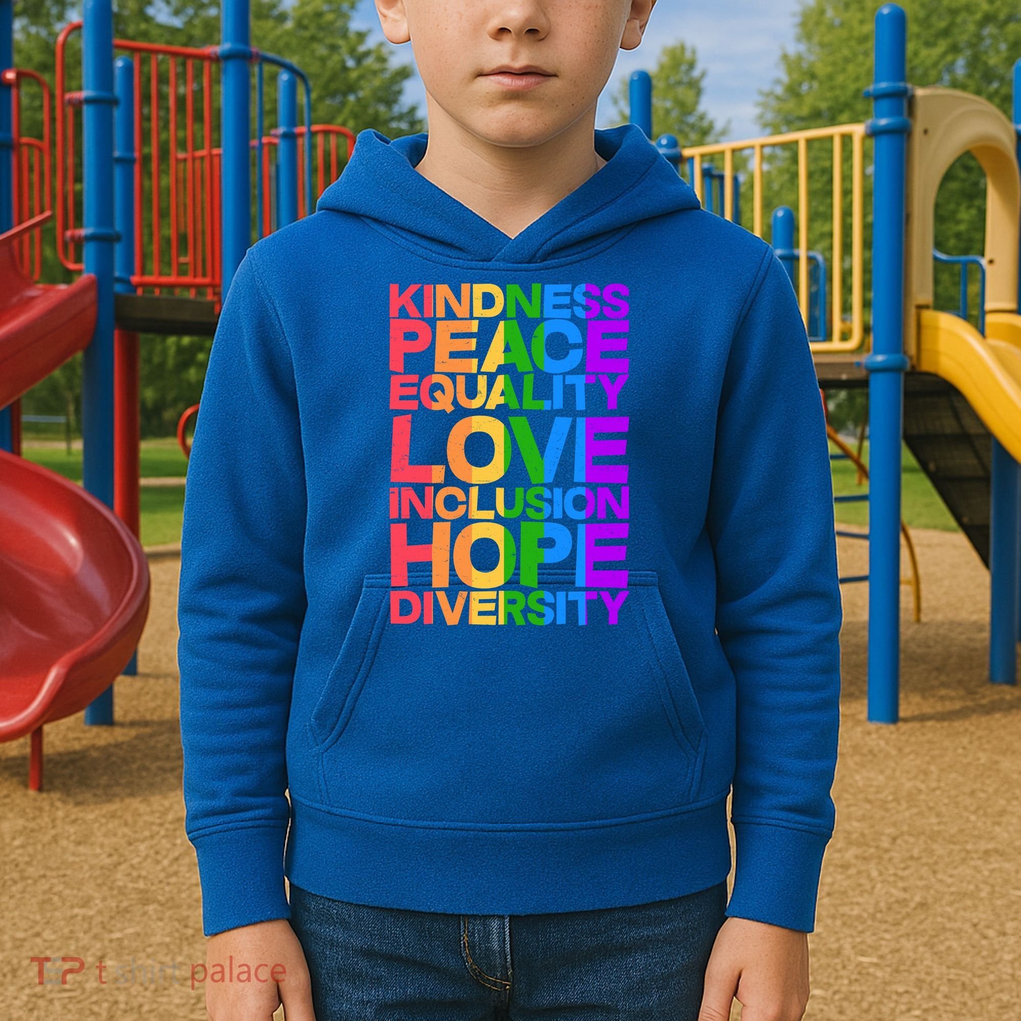 Kindness Peace Equality Love Inclusion Hope Diversity Kids Hoodie