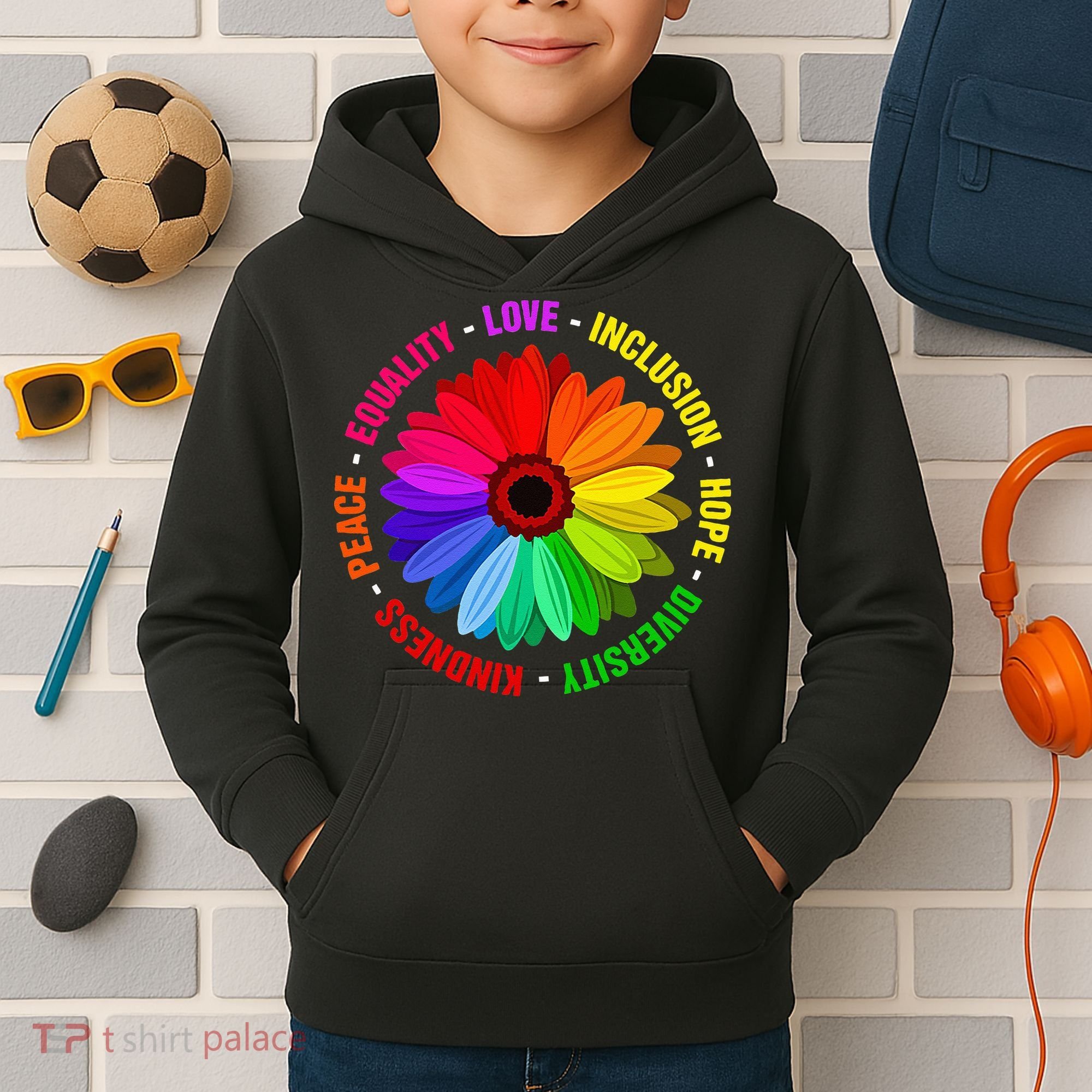 Kindness Peace Equality Love Inclusion Hope Diversity Kids Hoodie