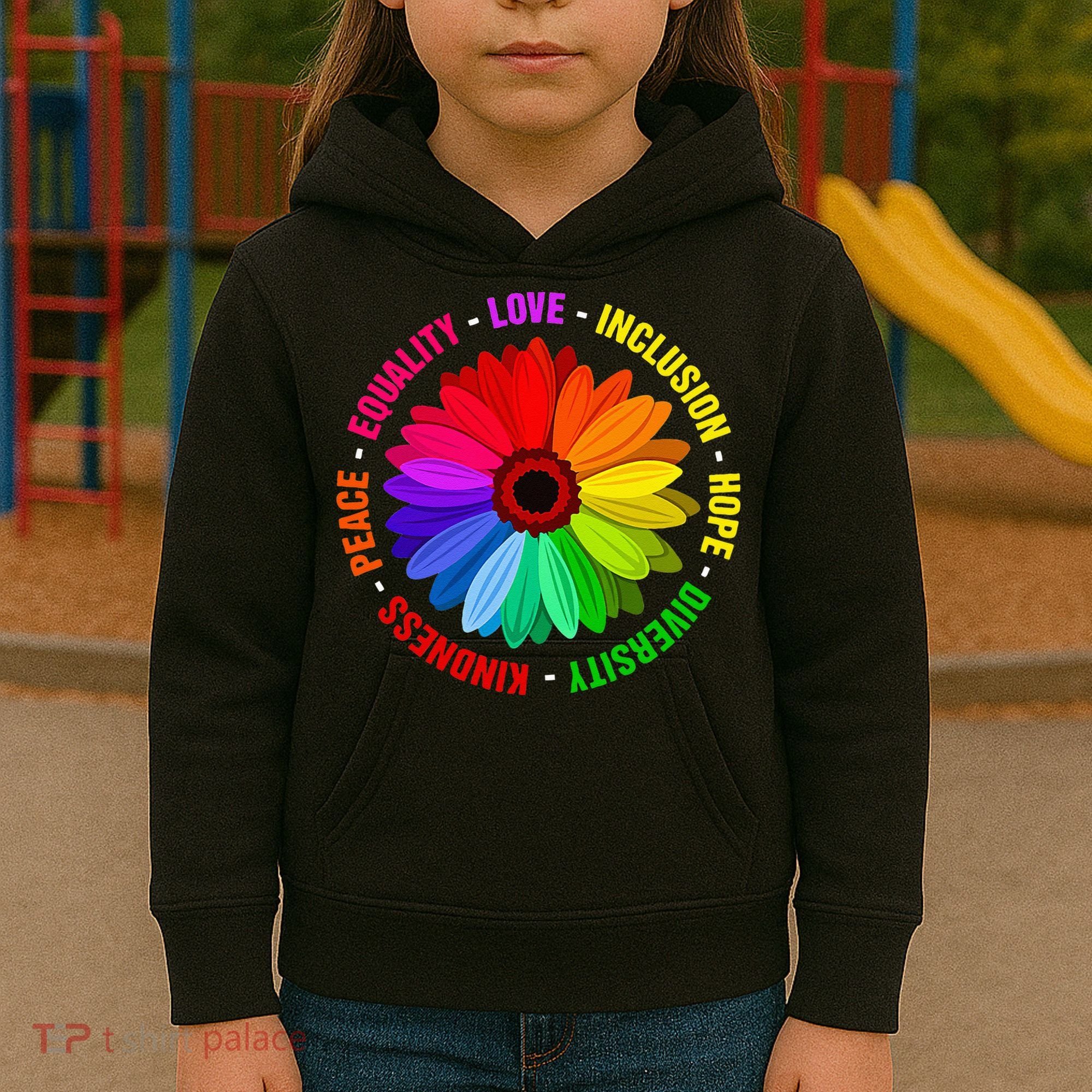 Kindness Peace Equality Love Inclusion Hope Diversity Kids Hoodie