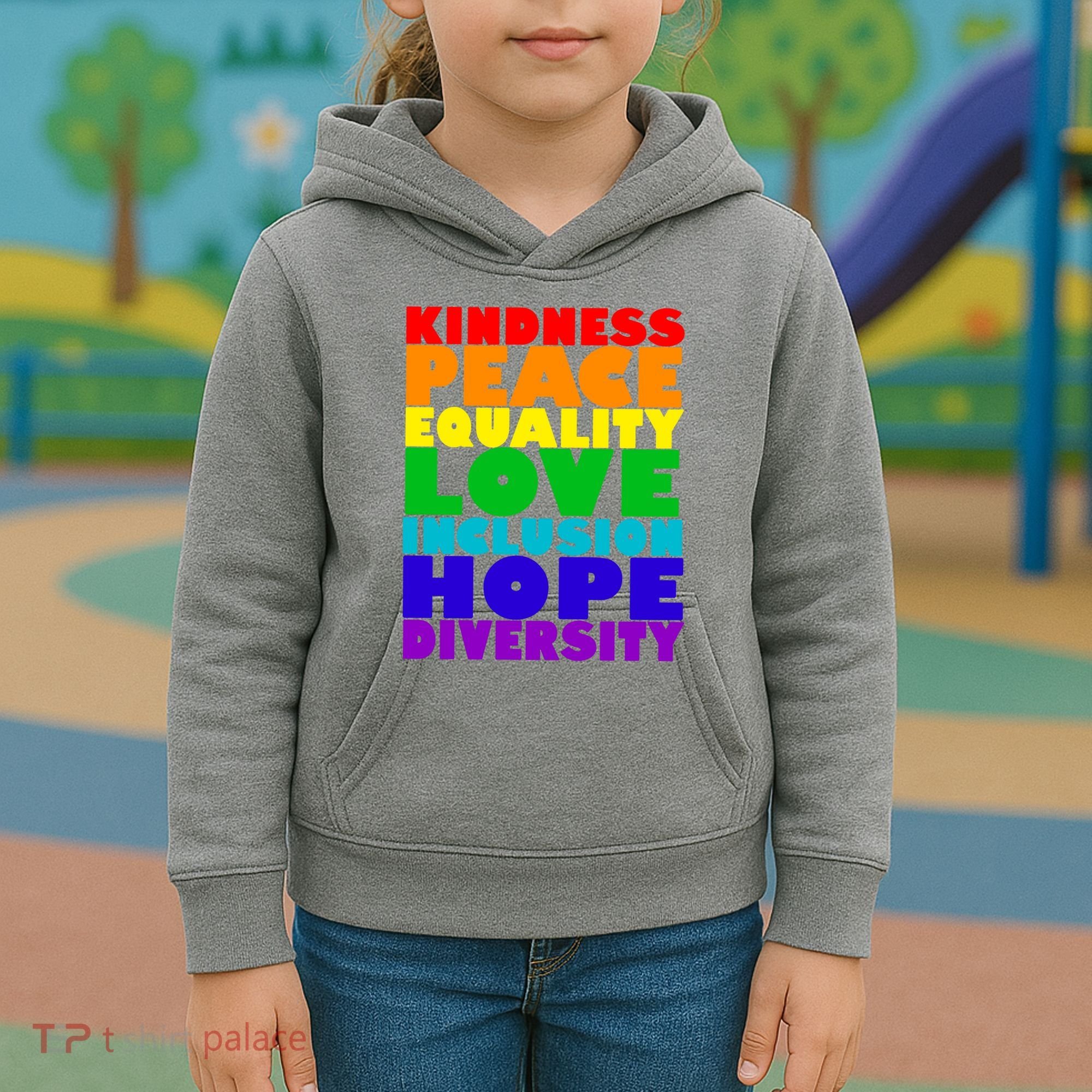 Kindness Peace Equality Love Inclusion Hope Diversity Kids Hoodie