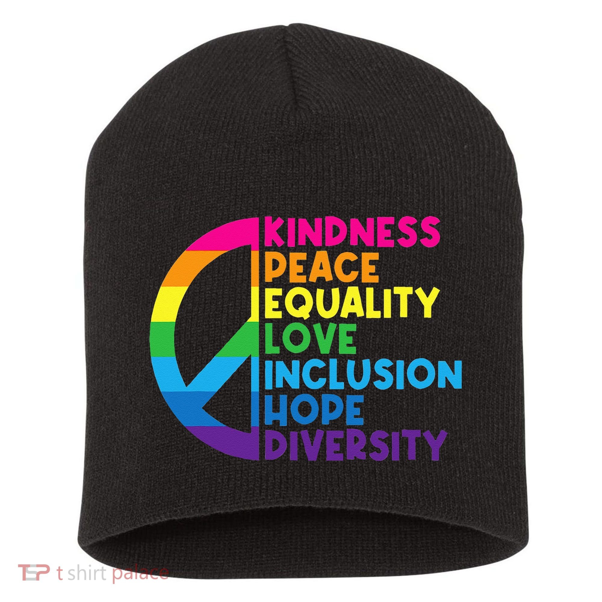 Kindness Peace Equality Love Inclusion Hope Diversity Short Acrylic Beanie