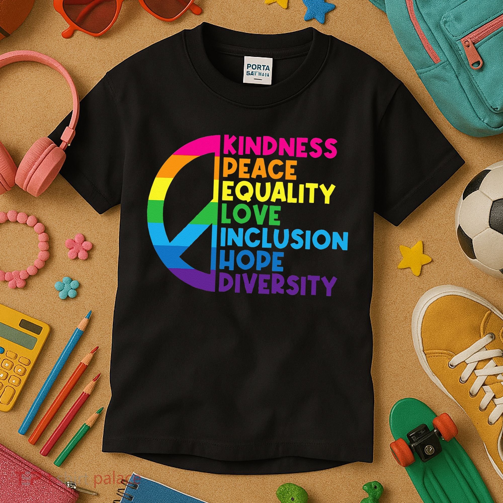Kindness Peace Equality Love Inclusion Hope Diversity Kids T-Shirt