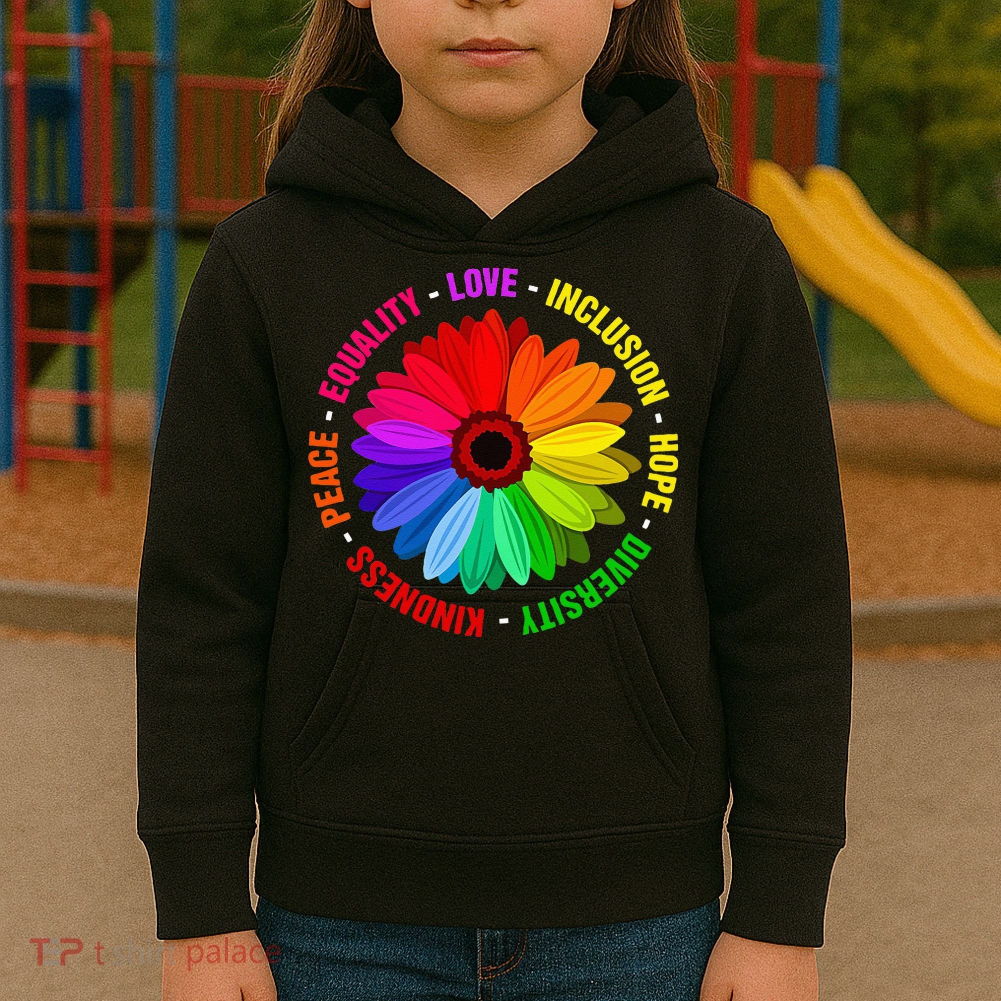 Kindness Peace Equality Love Inclusion Hope Diversity Kids Hoodie