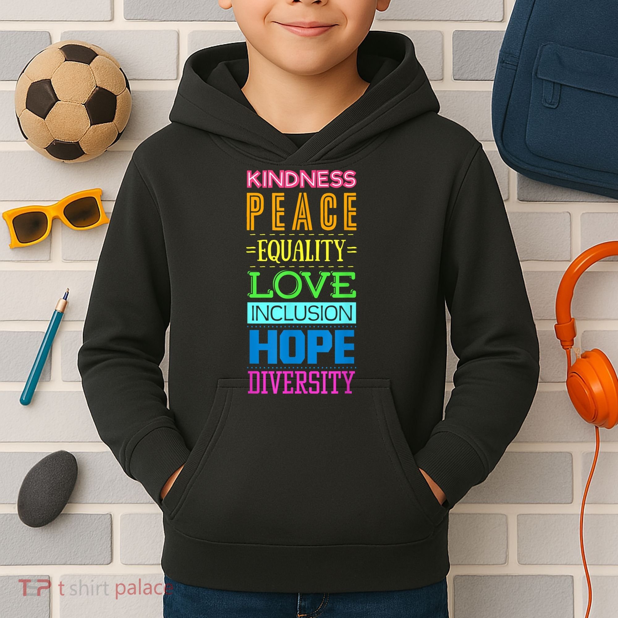 Kindness Peace Equality Love Inclusion Hope Diversity Kids Hoodie