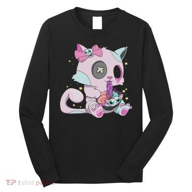 Kawaii Pastel Goth Witchy Cat Eats Ramen Cute Creepy Cat Long Sleeve Shirt