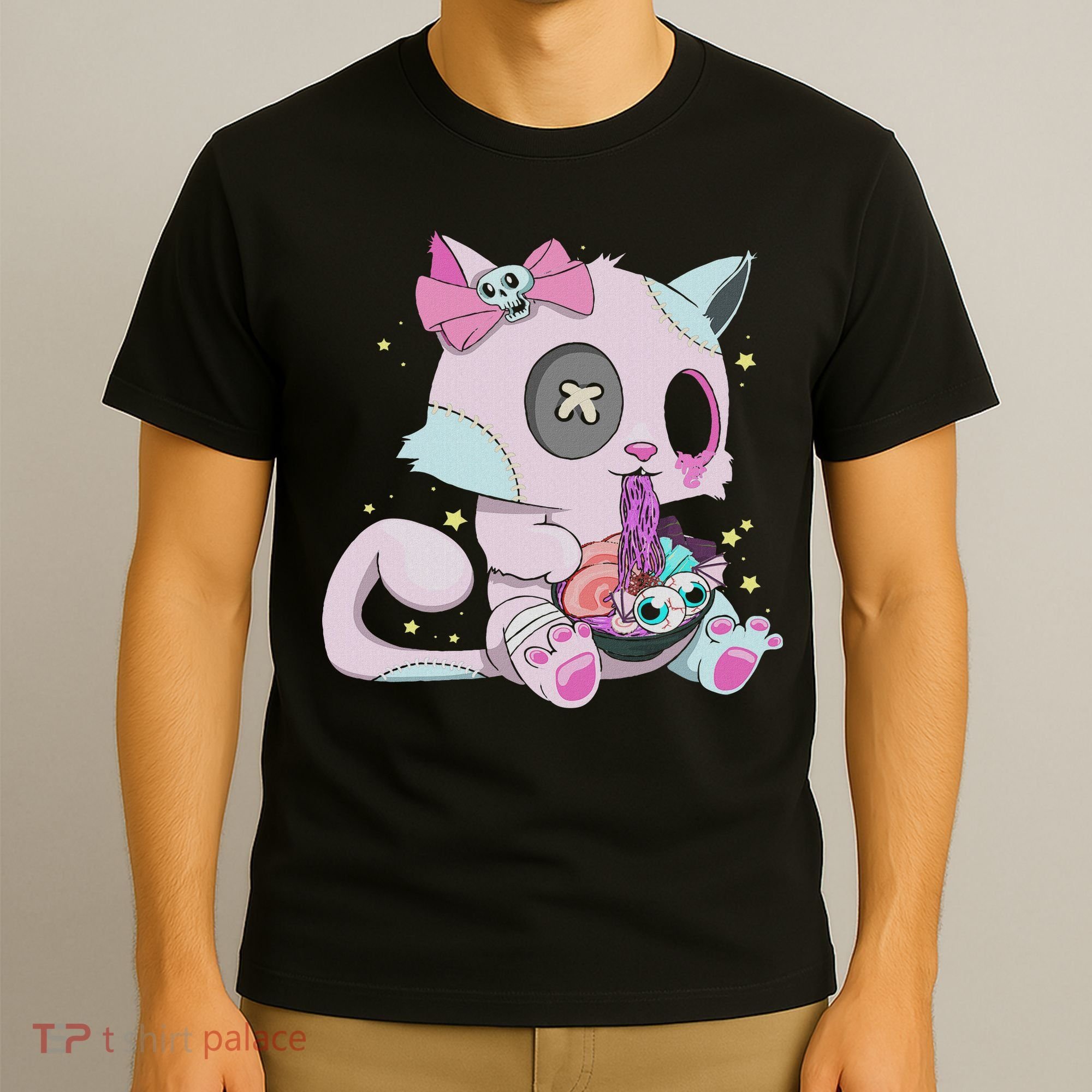 Kawaii Pastel Goth Witchy Cat Eats Ramen Cute Creepy Cat T-Shirt