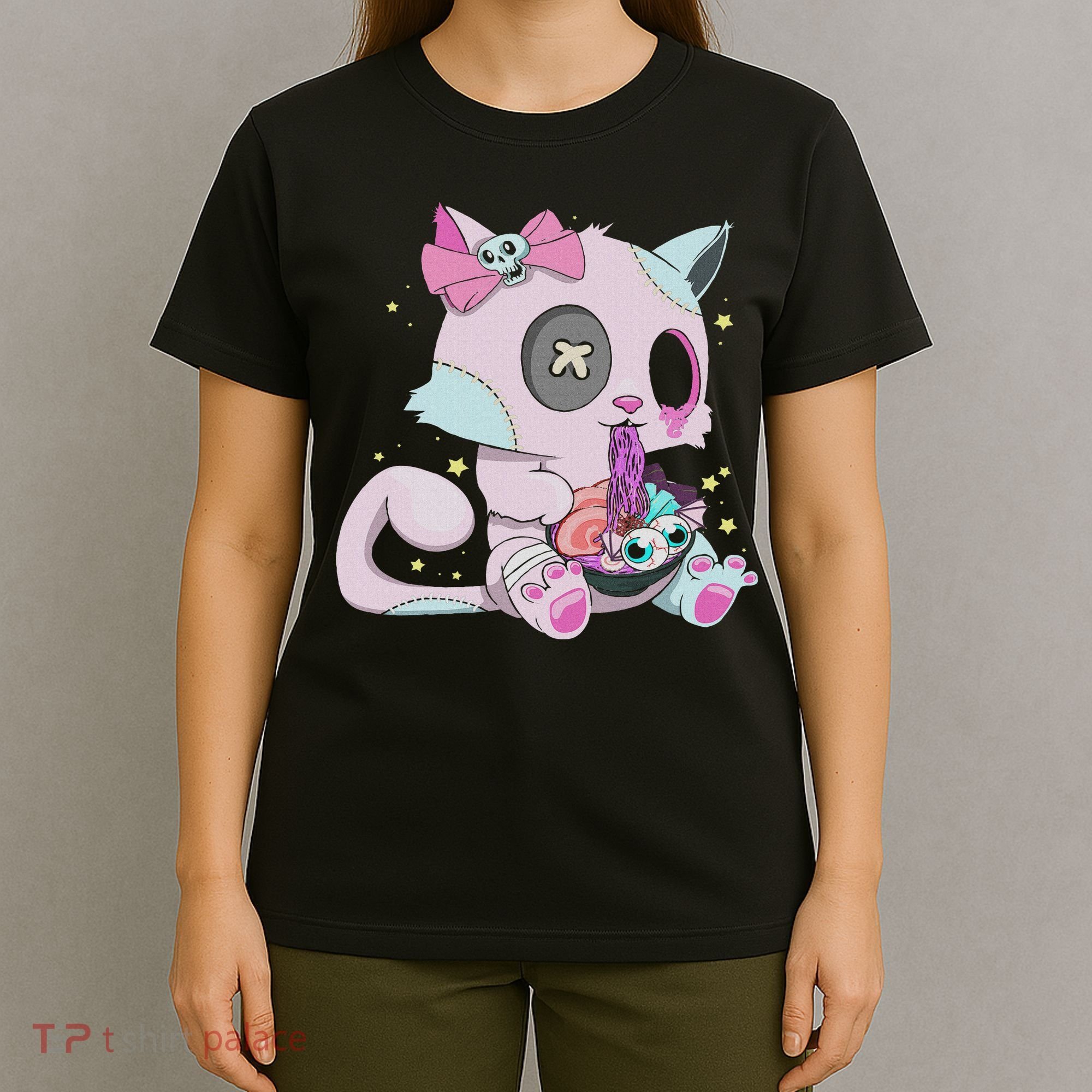 Kawaii Pastel Goth Witchy Cat Eats Ramen Cute Creepy Cat T-Shirt