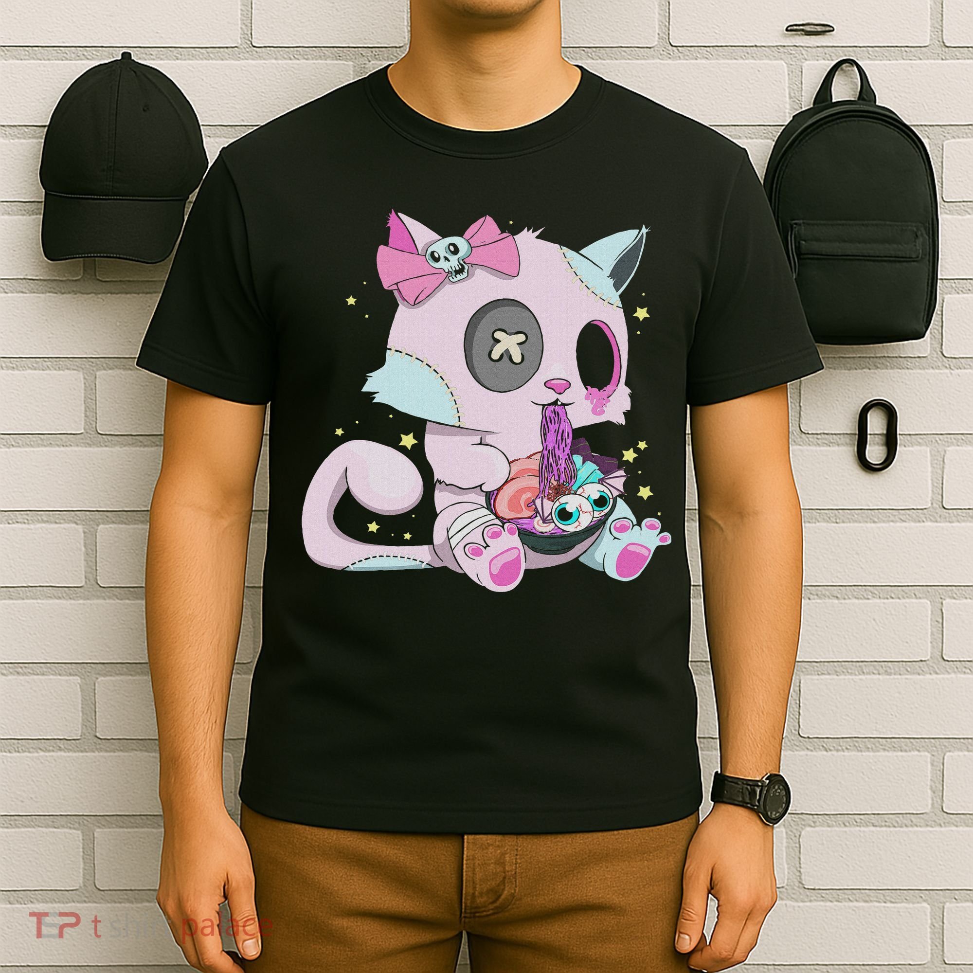 Kawaii Pastel Goth Witchy Cat Eats Ramen Cute Creepy Cat T-Shirt