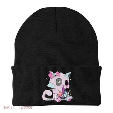 Kawaii Pastel Goth Witchy Cat Eats Ramen Cute Creepy Cat Beanie