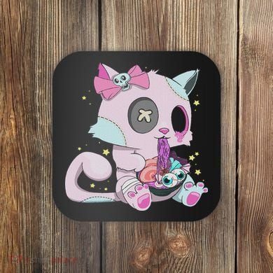 Kawaii Pastel Goth Witchy Cat Eats Ramen Cute Creepy Cat Coaster
