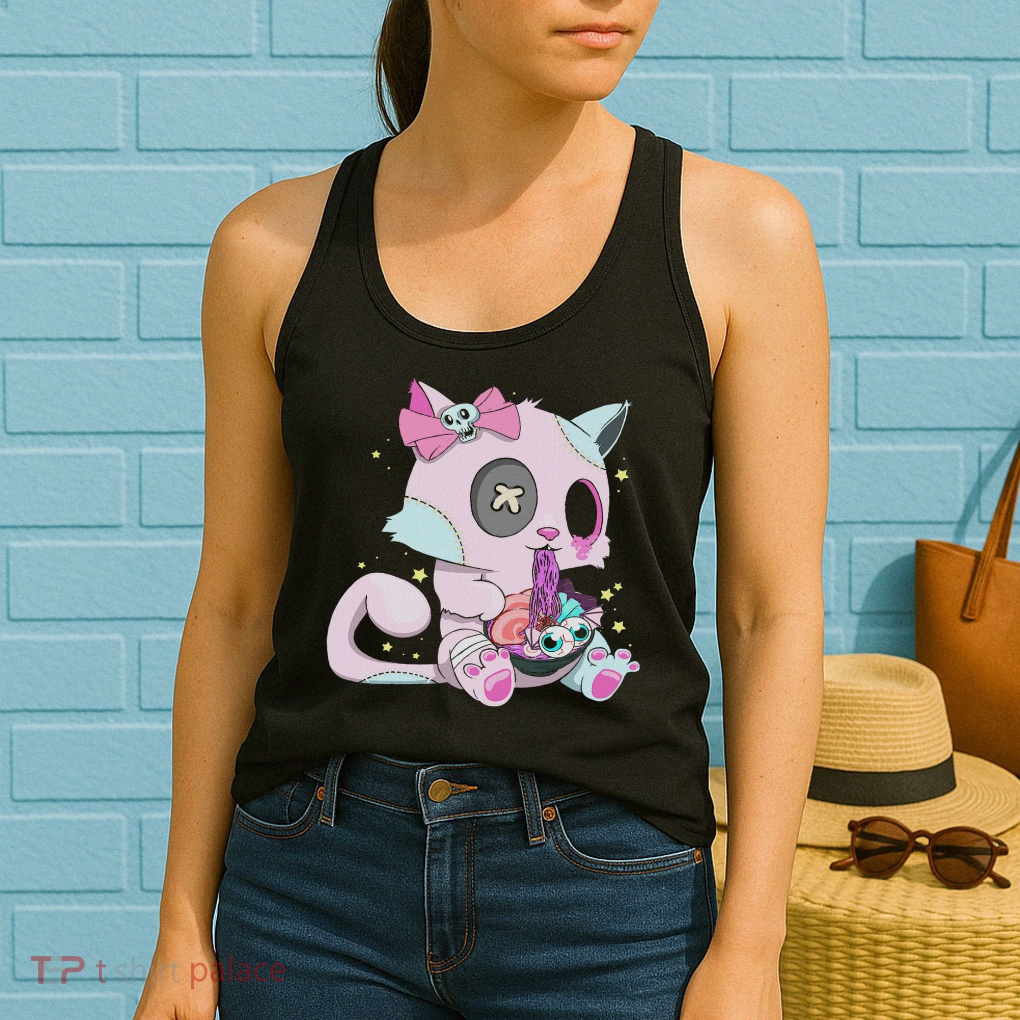 Kawaii Pastel Goth Witchy Cat Eats Ramen Cute Creepy Cat Women's Tank Top