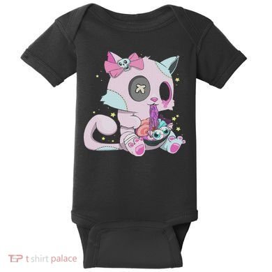 Kawaii Pastel Goth Witchy Cat Eats Ramen Cute Creepy Cat Baby Bodysuit