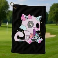 Kawaii Pastel Goth Witchy Cat Eats Ramen Cute Creepy Cat Golf Towel thumb 1