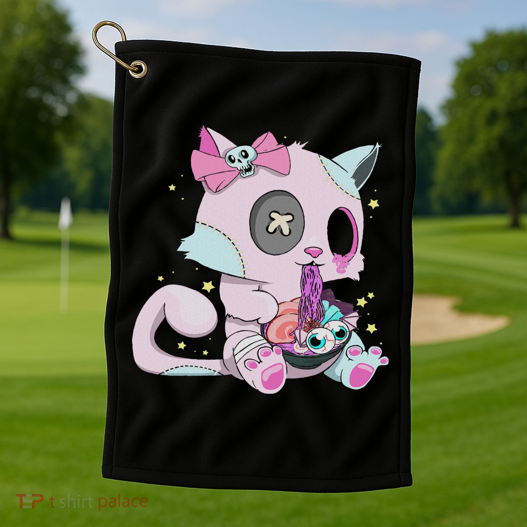 Kawaii Pastel Goth Witchy Cat Eats Ramen Cute Creepy Cat Golf Towel