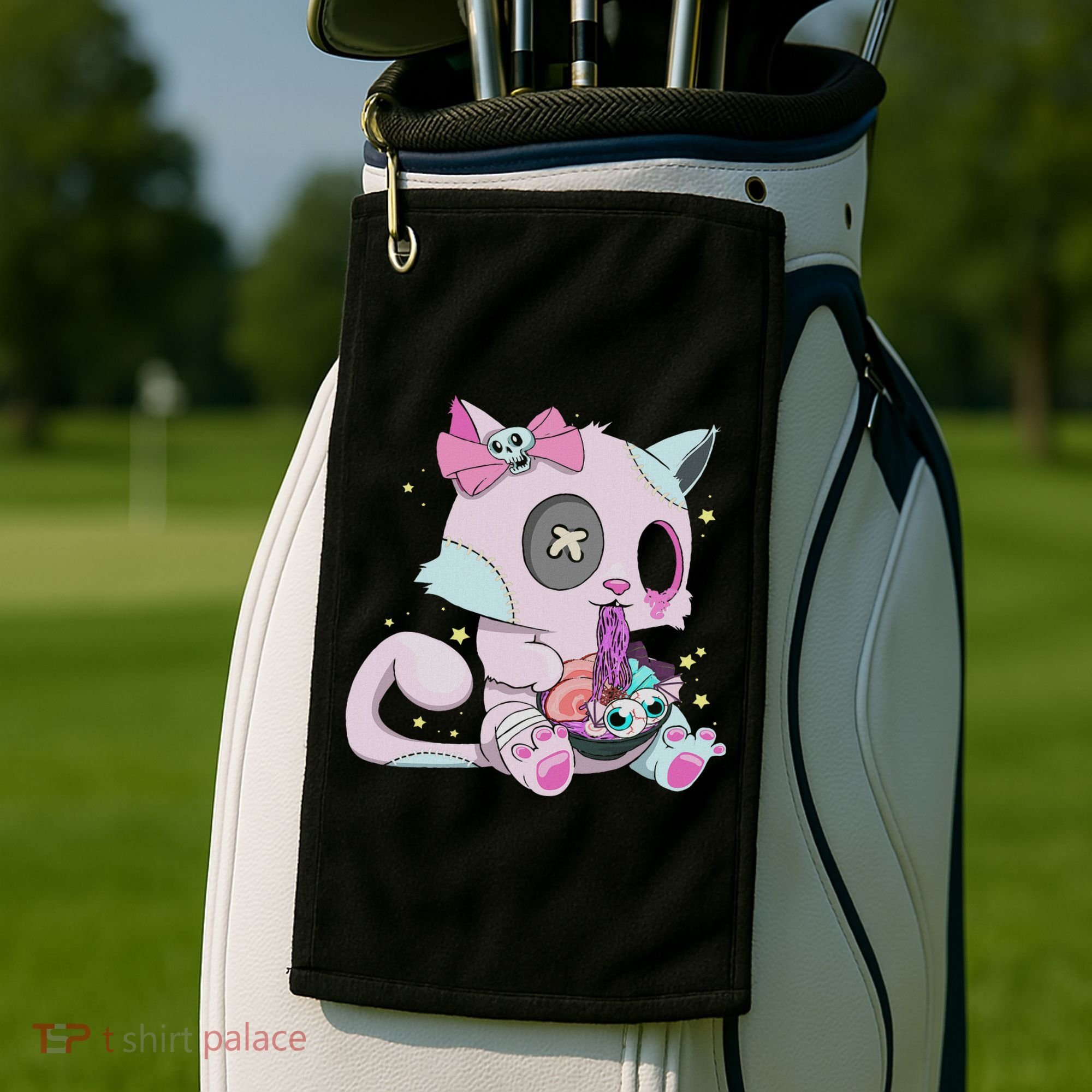 Kawaii Pastel Goth Witchy Cat Eats Ramen Cute Creepy Cat Golf Towel