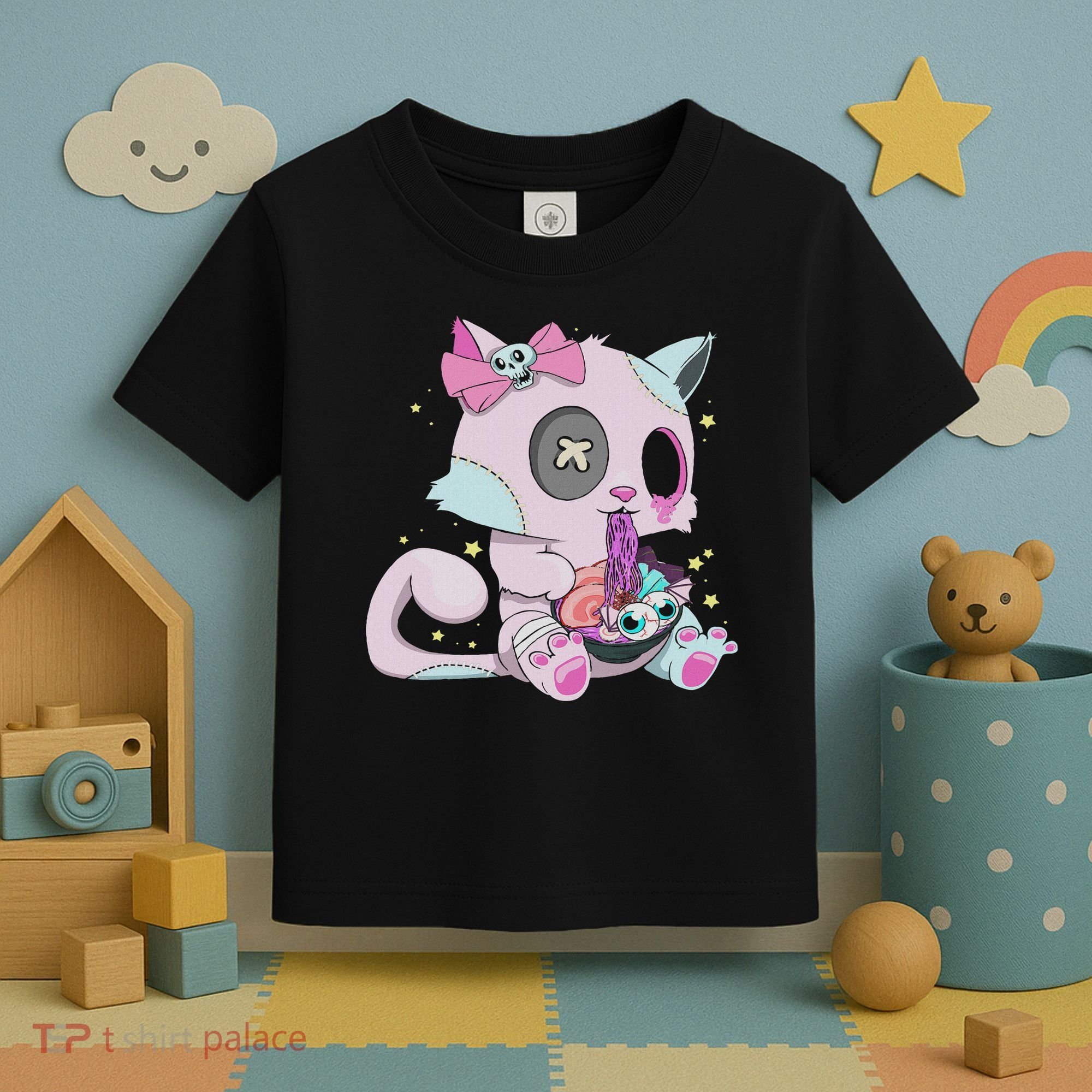 Kawaii Pastel Goth Witchy Cat Eats Ramen Cute Creepy Cat Toddler T-Shirt