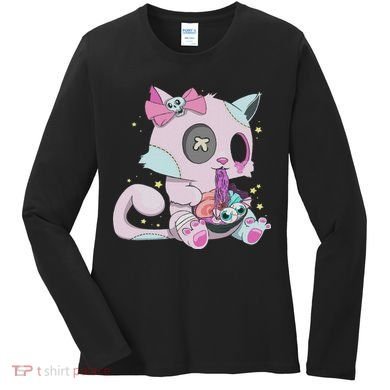 Kawaii Pastel Goth Witchy Cat Eats Ramen Cute Creepy Cat Women's Long Sleeve Shirt