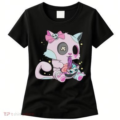 Kawaii Pastel Goth Witchy Cat Eats Ramen Cute Creepy Cat Women's T-Shirt