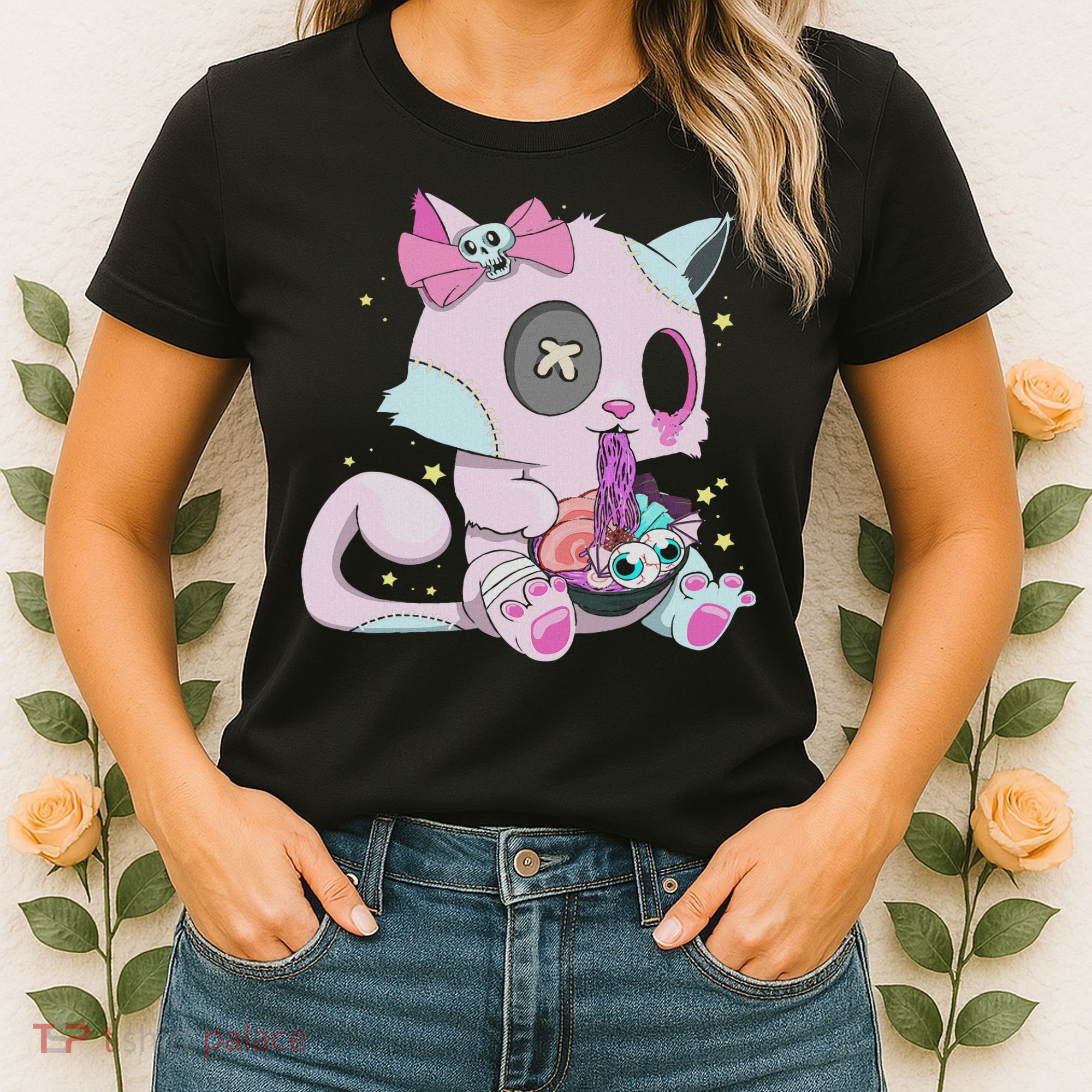 Kawaii Pastel Goth Witchy Cat Eats Ramen Cute Creepy Cat Women's T-Shirt