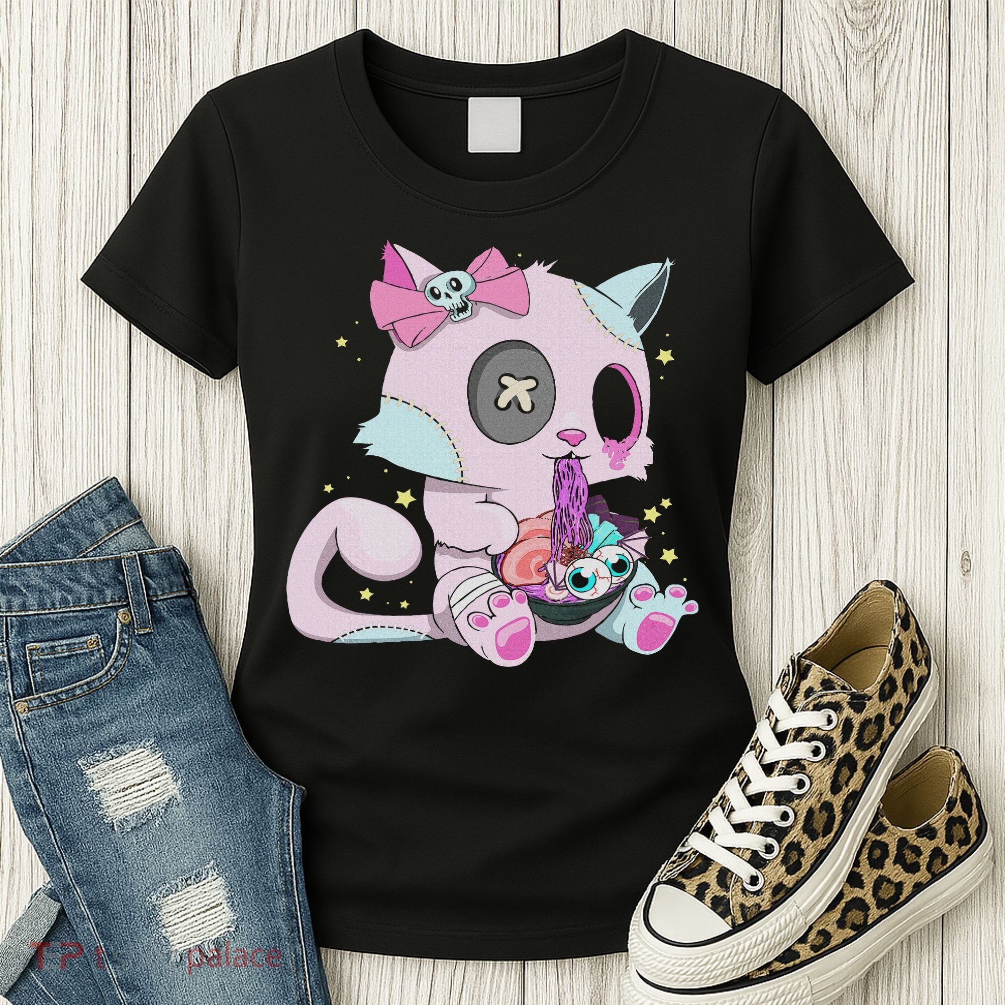 Kawaii Pastel Goth Witchy Cat Eats Ramen Cute Creepy Cat Women's T-Shirt