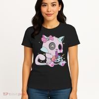 Kawaii Pastel Goth Witchy Cat Eats Ramen Cute Creepy Cat Women's T-Shirt thumb 4