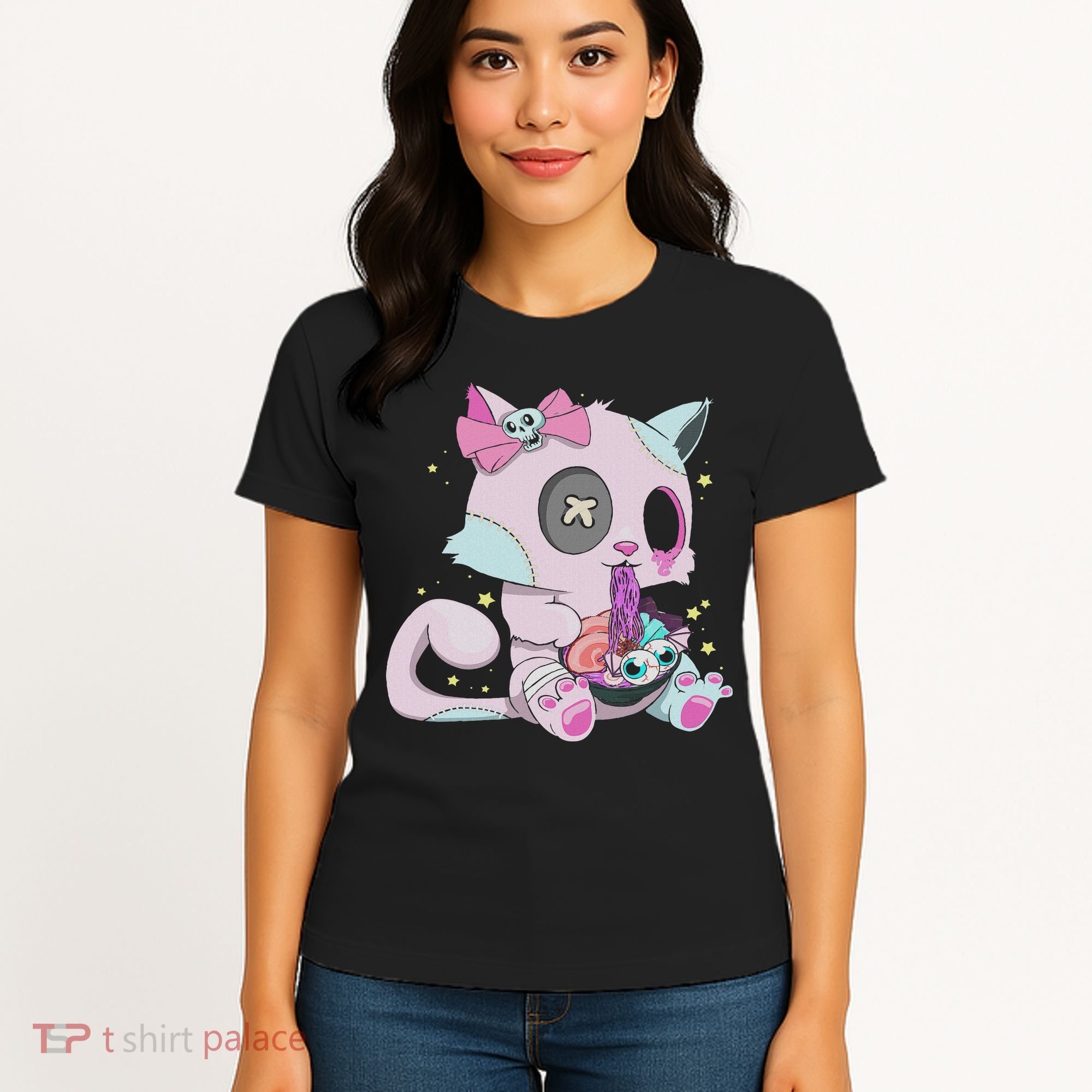 Kawaii Pastel Goth Witchy Cat Eats Ramen Cute Creepy Cat Women's T-Shirt