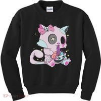 Kawaii Pastel Goth Witchy Cat Eats Ramen Cute Creepy Cat Kids Sweatshirt thumb 0