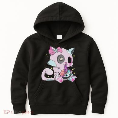 Kawaii Pastel Goth Witchy Cat Eats Ramen Cute Creepy Cat Kids Hoodie