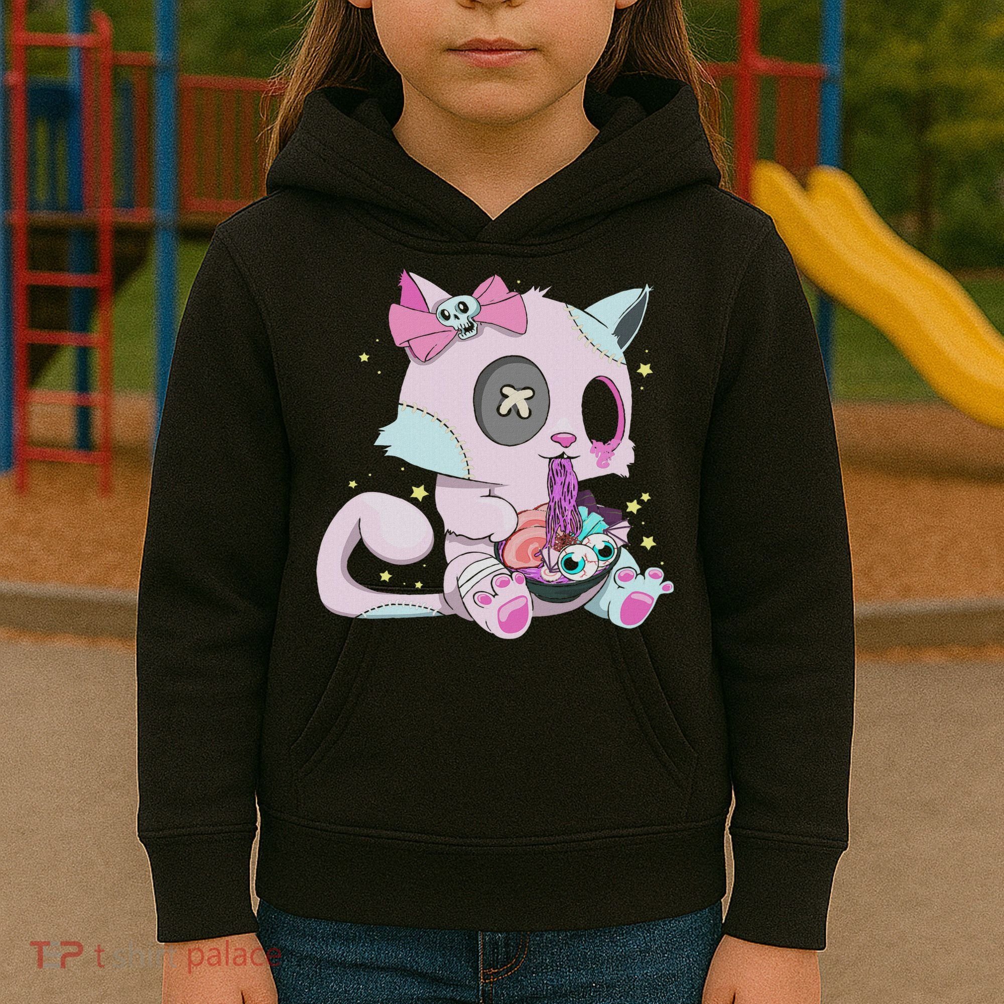 Kawaii Pastel Goth Witchy Cat Eats Ramen Cute Creepy Cat Kids Hoodie