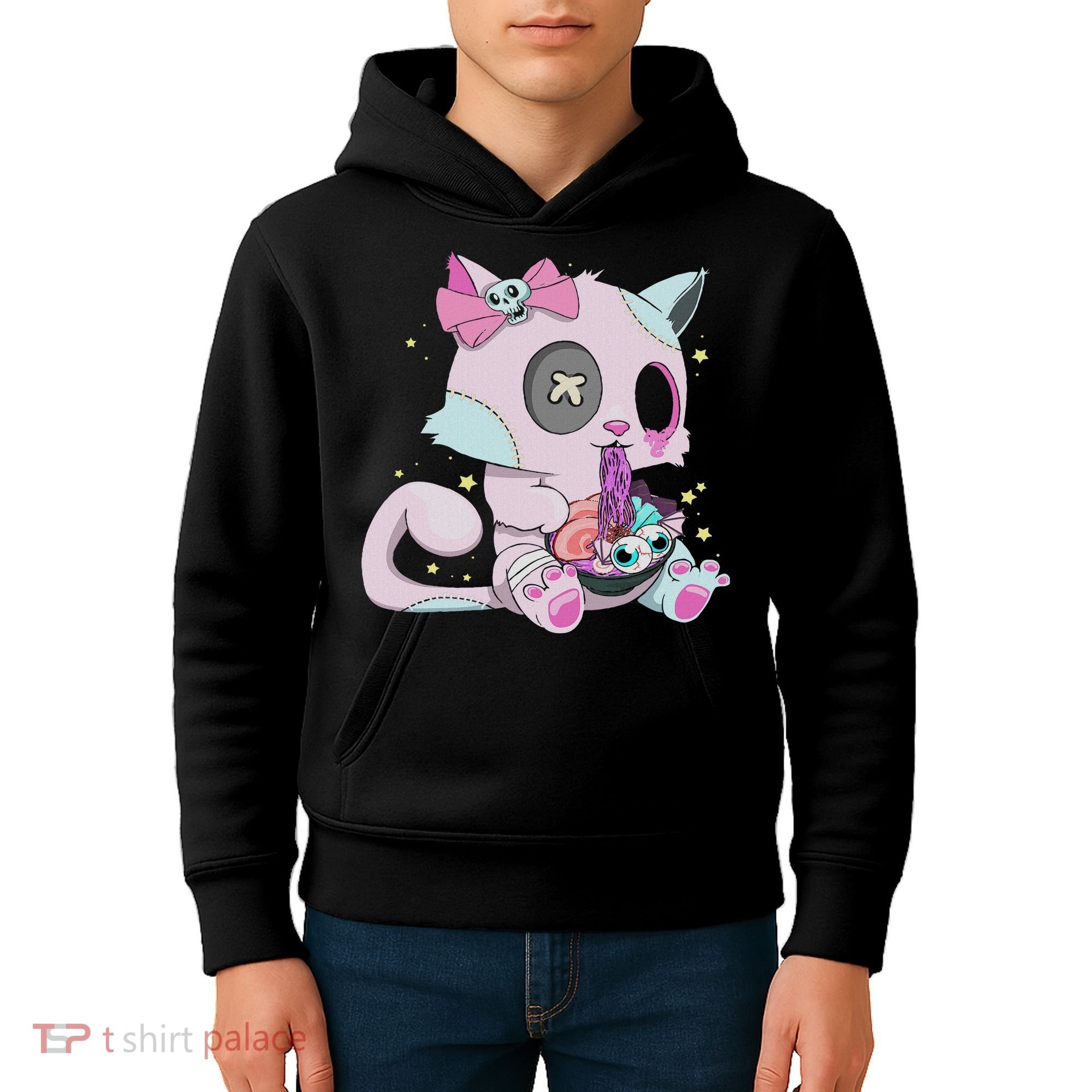 Kawaii Pastel Goth Witchy Cat Eats Ramen Cute Creepy Cat Kids Hoodie