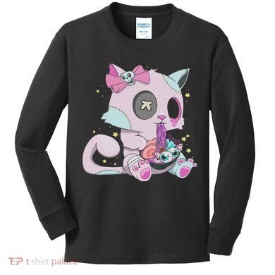 Kawaii Pastel Goth Witchy Cat Eats Ramen Cute Creepy Cat Kids Long Sleeve Shirt