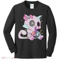 Kawaii Pastel Goth Witchy Cat Eats Ramen Cute Creepy Cat Kids Long Sleeve Shirt thumb 0