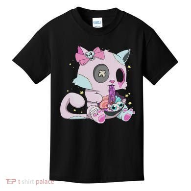 Kawaii Pastel Goth Witchy Cat Eats Ramen Cute Creepy Cat Kids T-Shirt