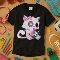 Kawaii Pastel Goth Witchy Cat Eats Ramen Cute Creepy Cat Kids T-Shirt thumb 3