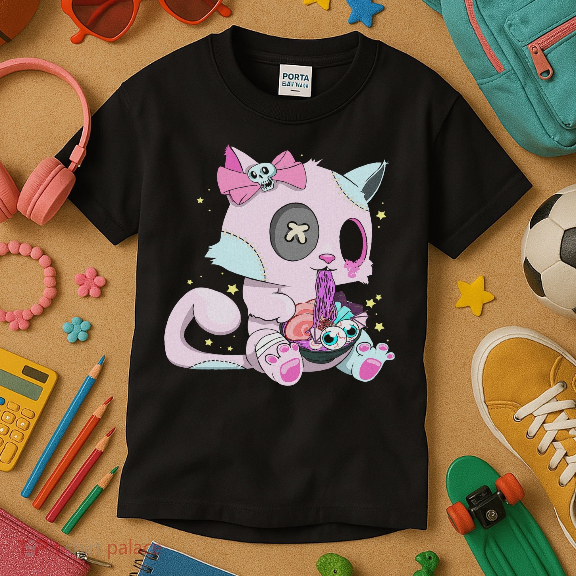 Kawaii Pastel Goth Witchy Cat Eats Ramen Cute Creepy Cat Kids T-Shirt