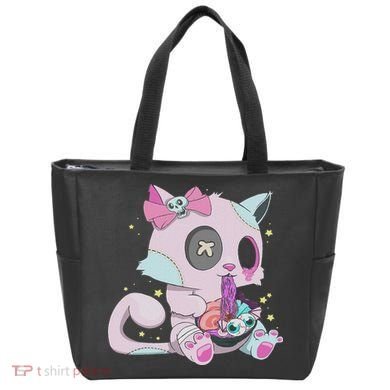 Kawaii Pastel Goth Witchy Cat Eats Ramen Cute Creepy Cat Tote Bag