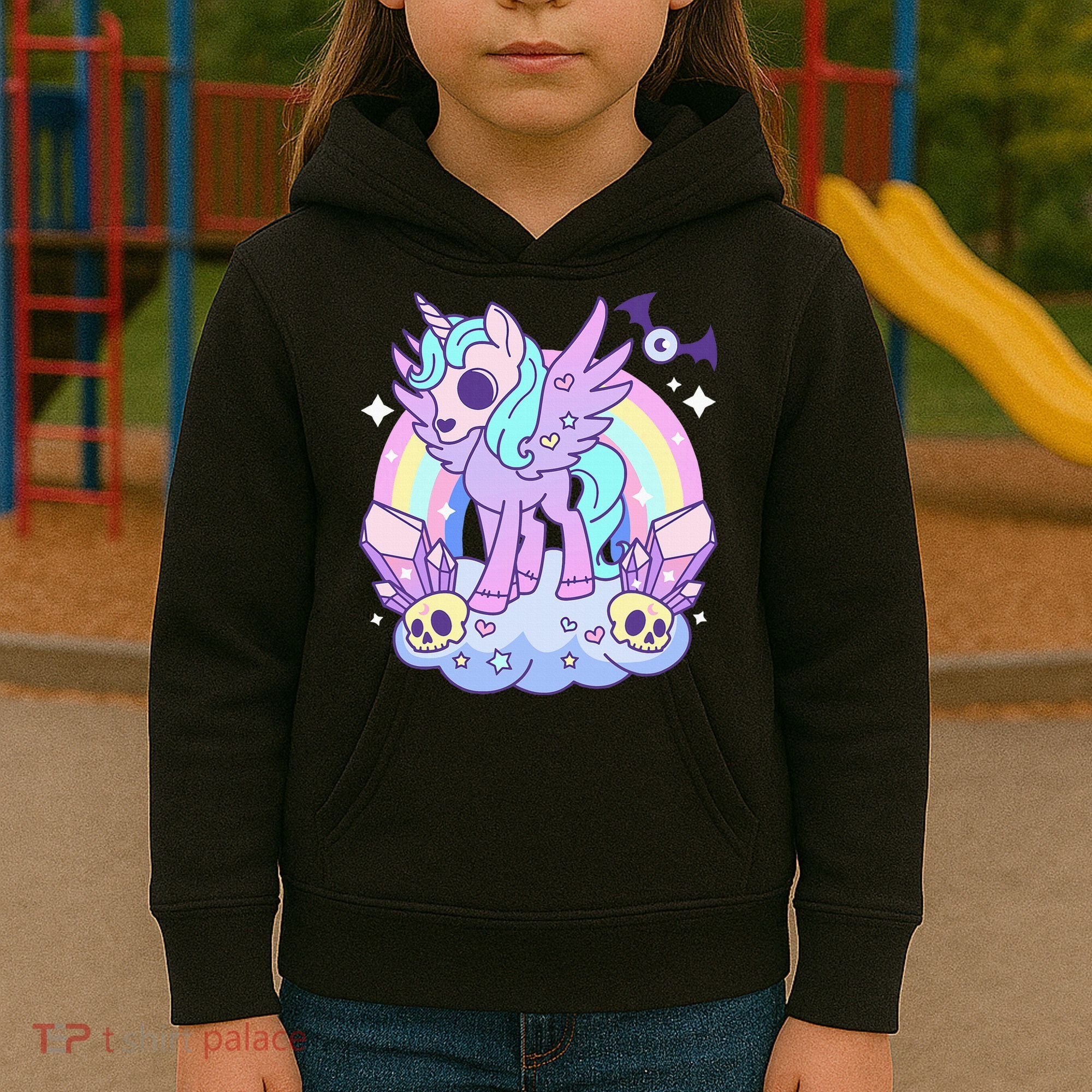 Kawaii Pastel Goth Unicorn Pony Aesthetic Gothic Skeleton Kids Hoodie
