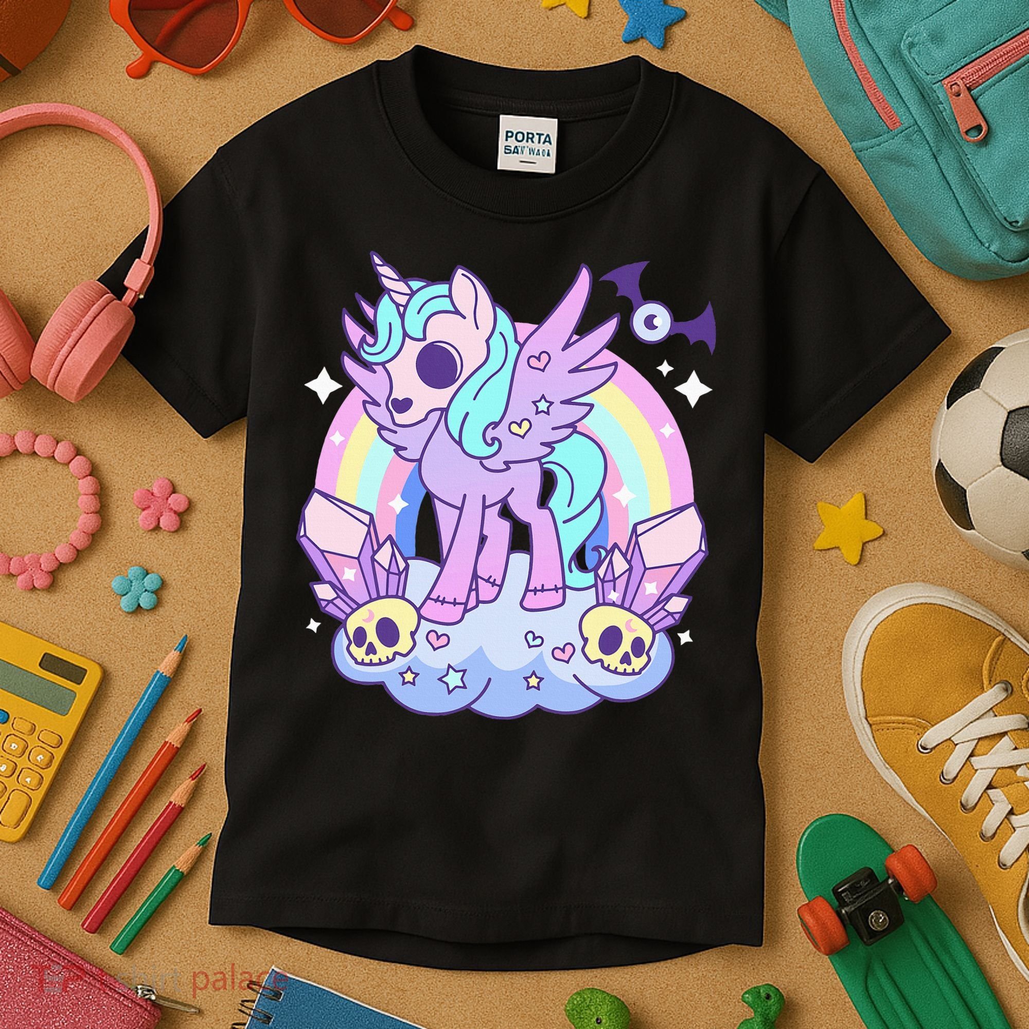 Kawaii Pastel Goth Unicorn Pony Aesthetic Gothic Skeleton Kids T-Shirt