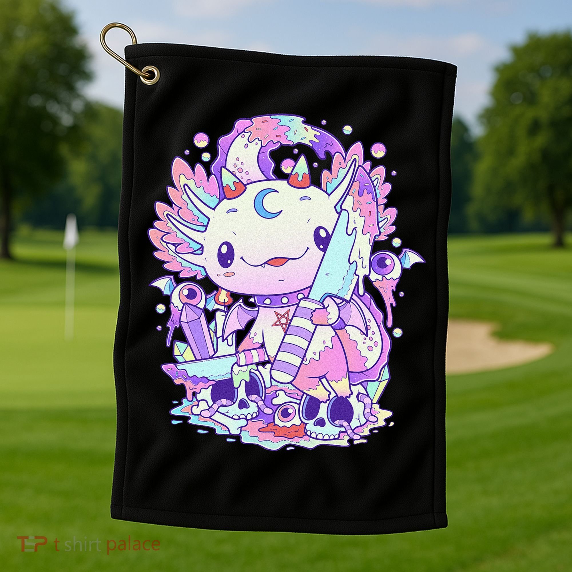 Kawaii Pastel Goth Cute and Creepy Axolotl Knife  Golf Towel