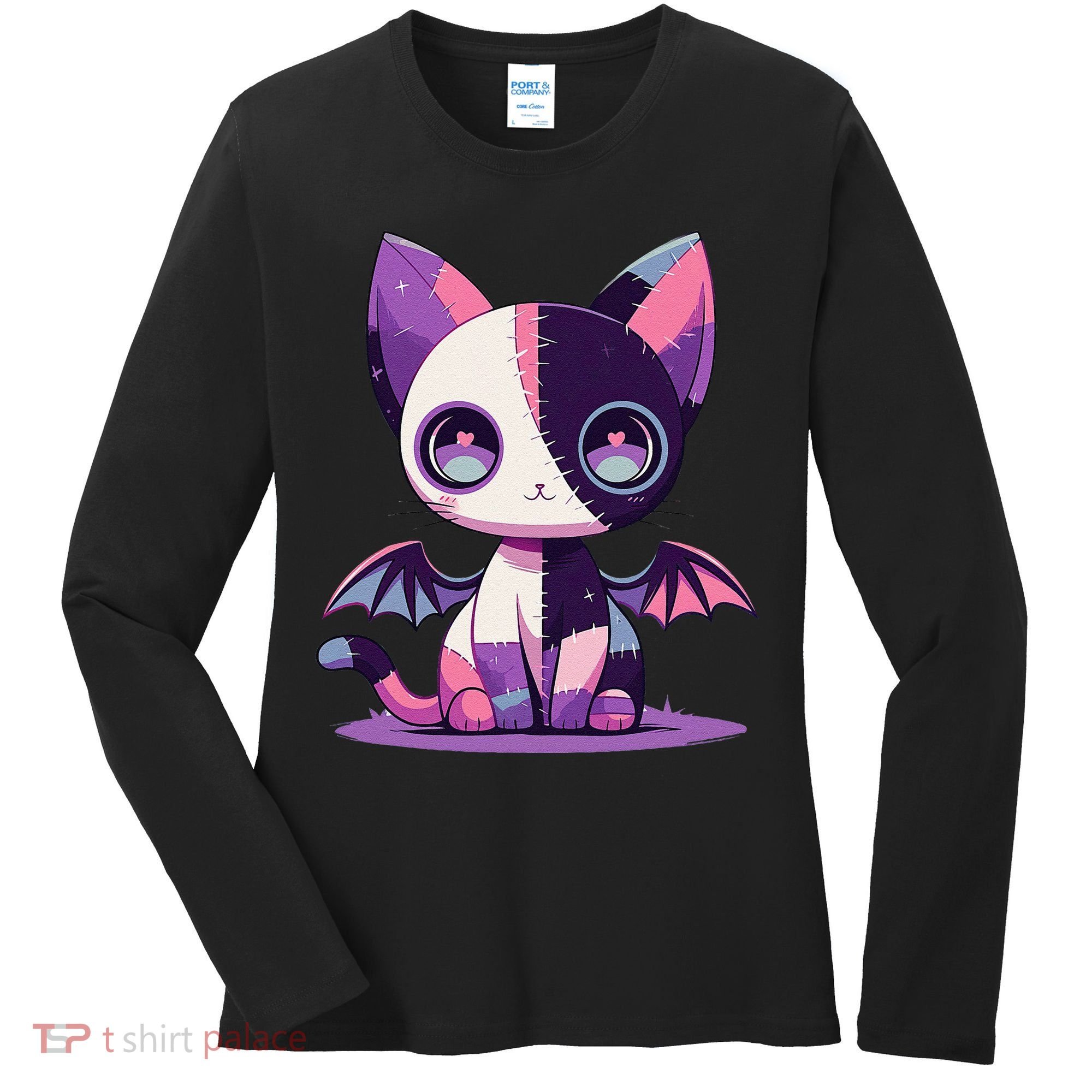 Kawaii Pastel Goth Creepy Cute Witchy Zombie Patchwork Cat Women's Long Sleeve Shirt