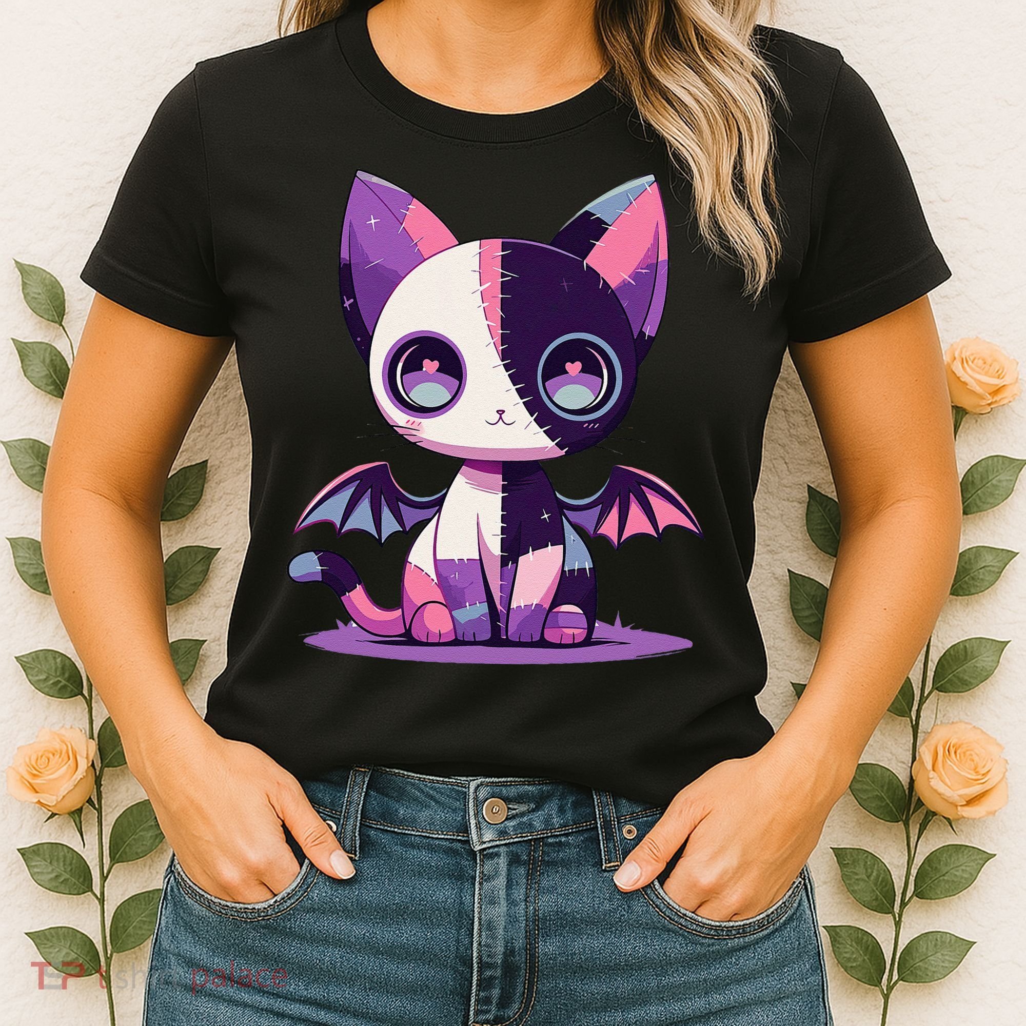 Kawaii Pastel Goth Creepy Cute Witchy Zombie Patchwork Cat Women's T-Shirt