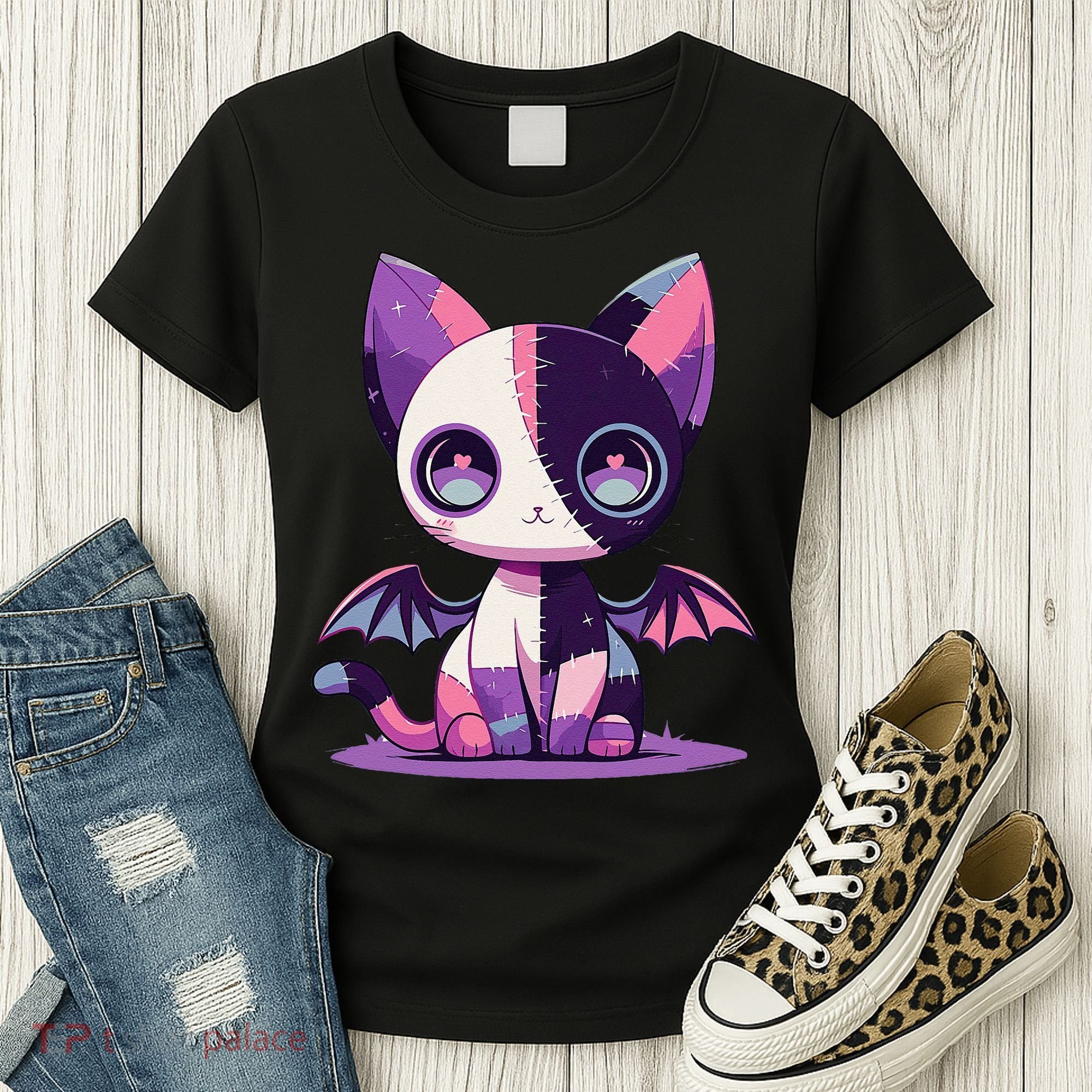 Kawaii Pastel Goth Creepy Cute Witchy Zombie Patchwork Cat Women's T-Shirt