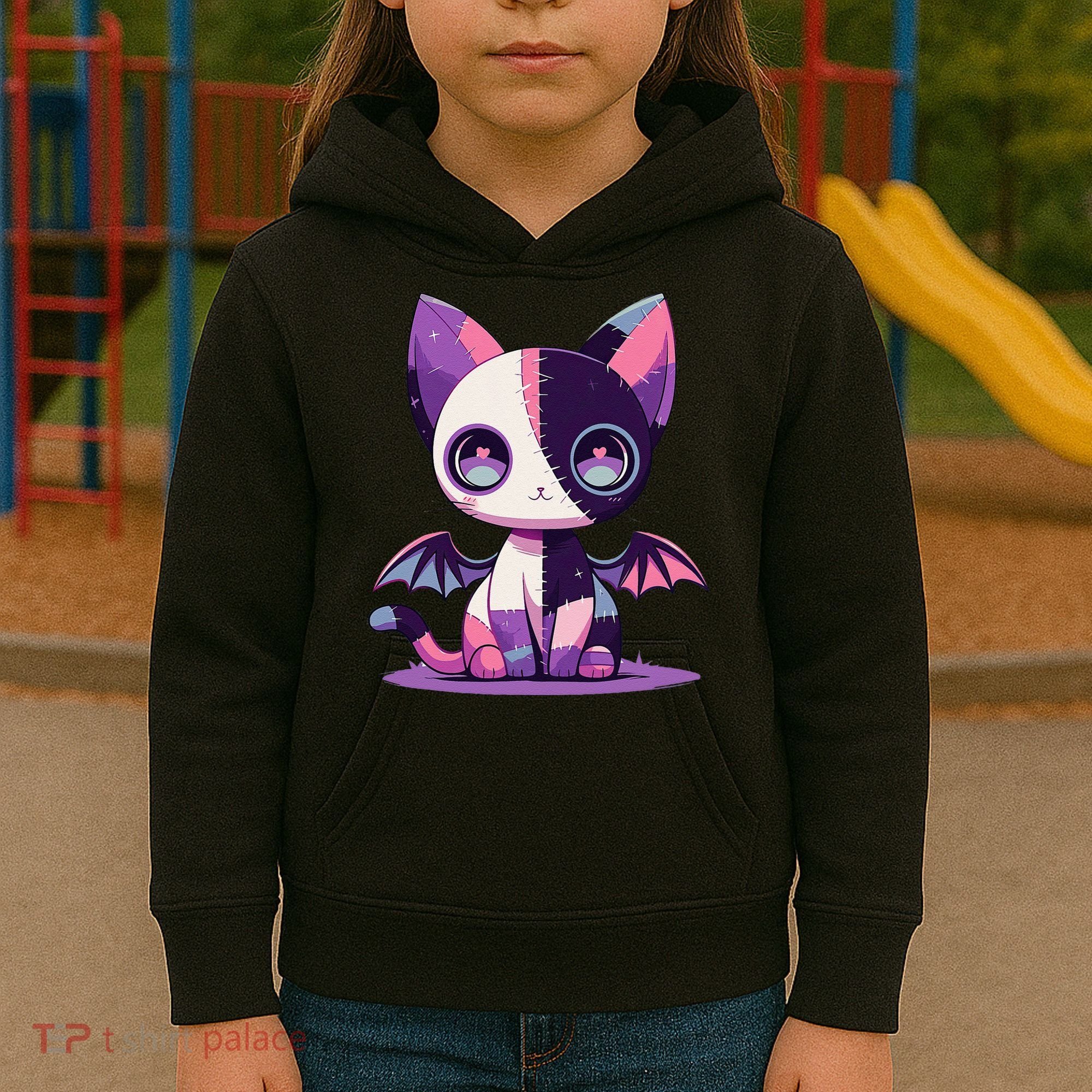 Kawaii Pastel Goth Creepy Cute Witchy Zombie Patchwork Cat Kids Hoodie