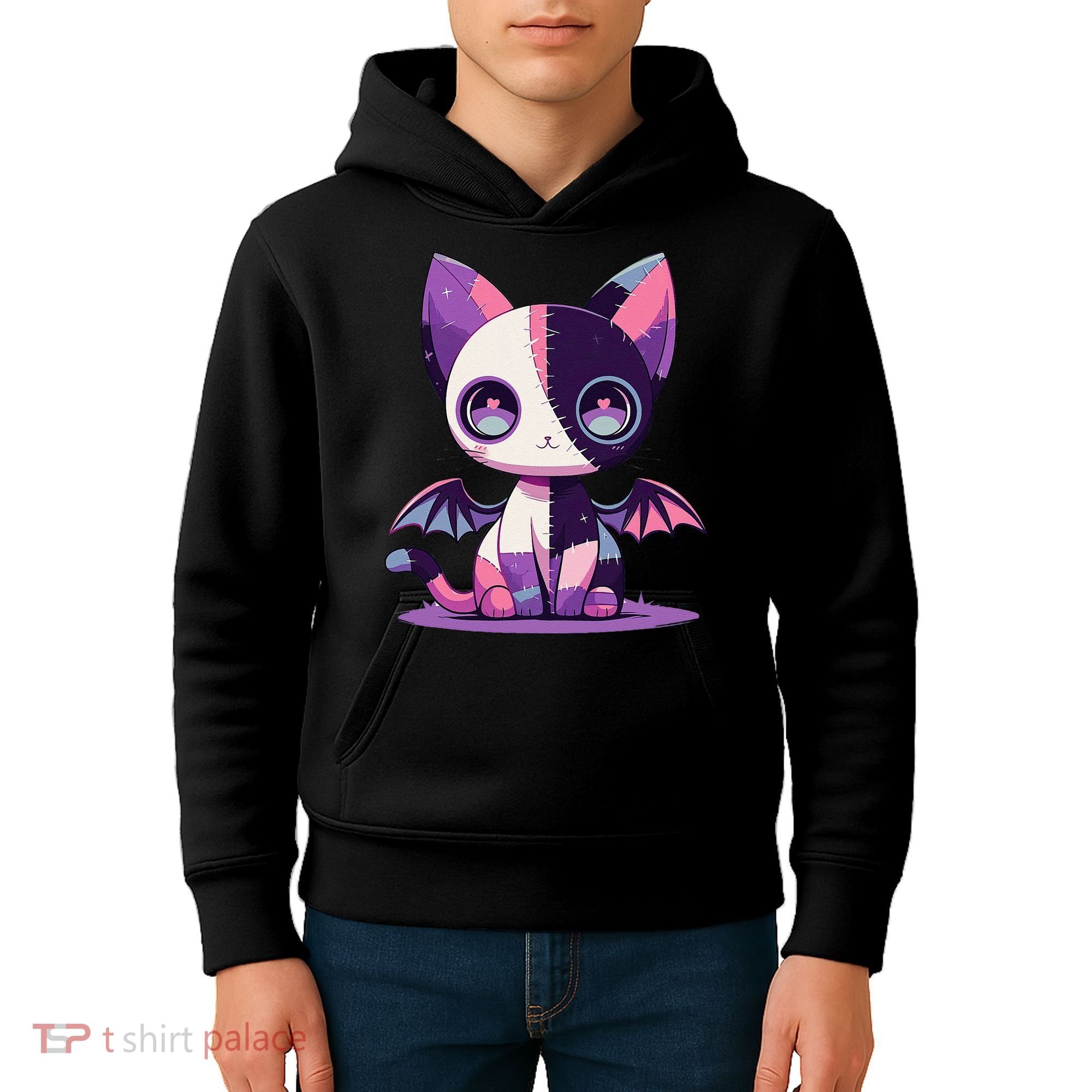 Kawaii Pastel Goth Creepy Cute Witchy Zombie Patchwork Cat Kids Hoodie