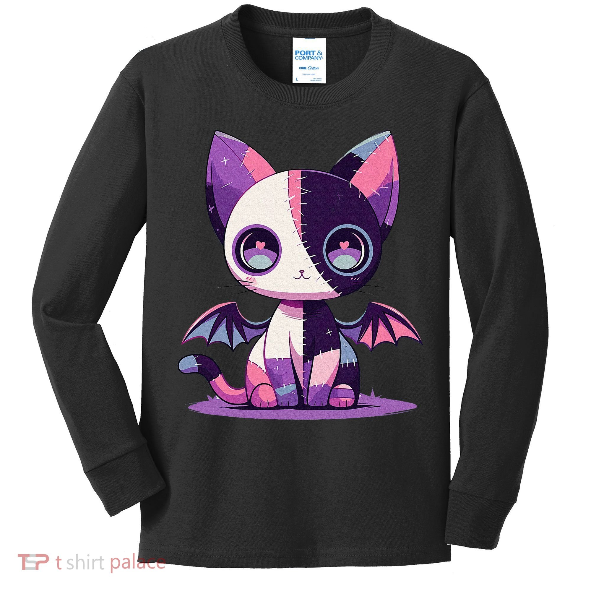 Kawaii Pastel Goth Creepy Cute Witchy Zombie Patchwork Cat Kids Long Sleeve Shirt