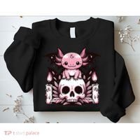 Kawaii Pastel Goth Cute Creepy Axolotl Bat Skeleton Sweatshirt thumb 2