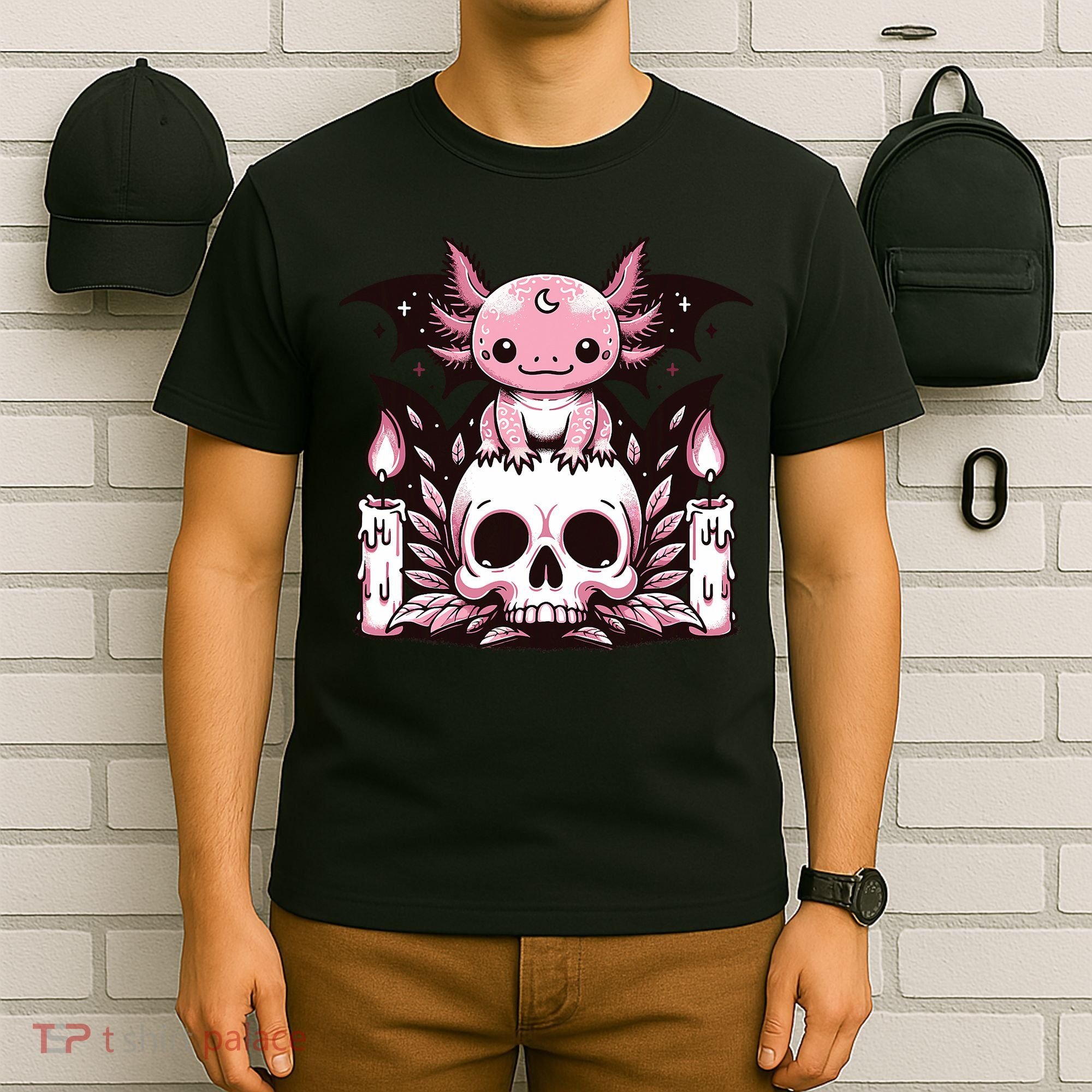 Kawaii Pastel Goth Cute Creepy Axolotl Bat Skeleton T-Shirt