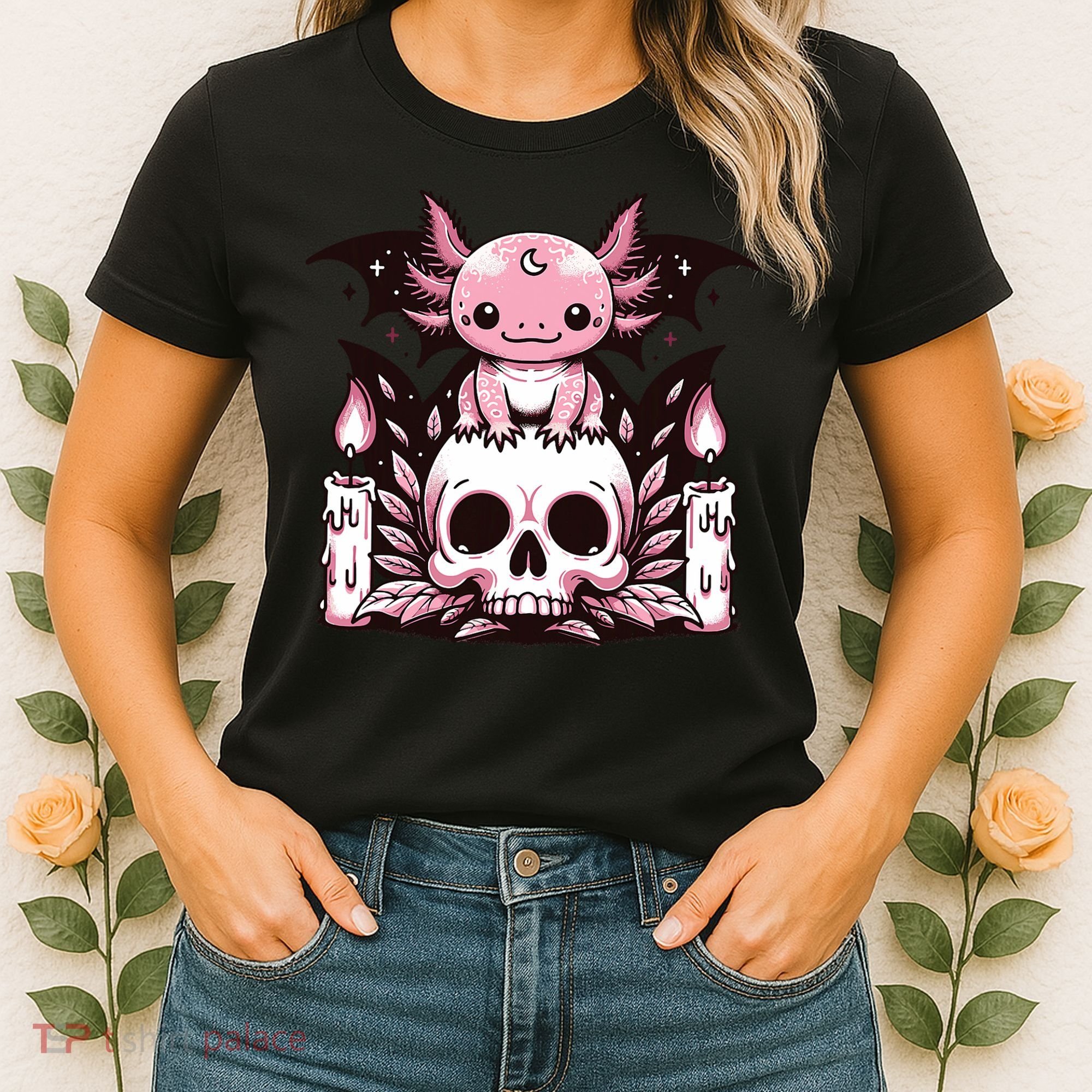 Kawaii Pastel Goth Cute Creepy Axolotl Bat Skeleton Women's T-Shirt