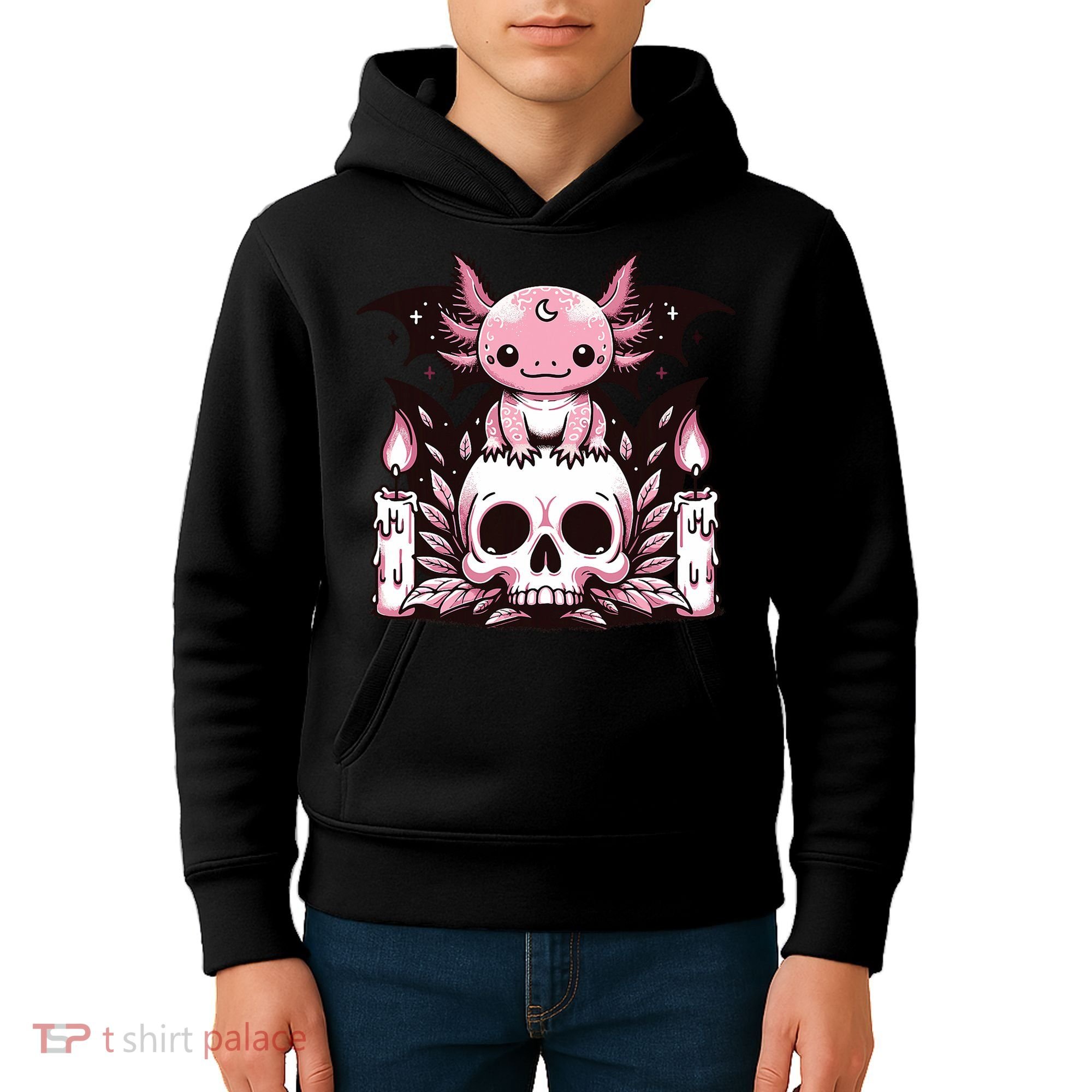 Kawaii Pastel Goth Cute Creepy Axolotl Bat Skeleton Kids Hoodie